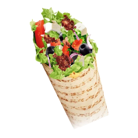 Wrap mit Feta, Oliven, Tomaten, Salat, Pesto und Zwiebeln