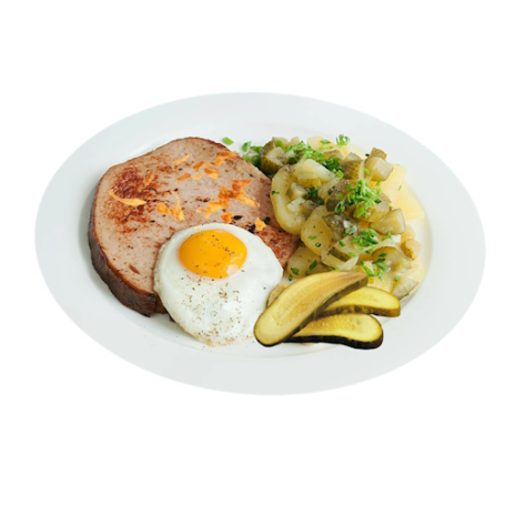 Leberkäse Frühstück mit Spiegelei und Brot