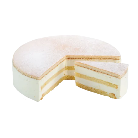Leichte Käse-Sahnetorte mit heller Creme und Tortenböden.