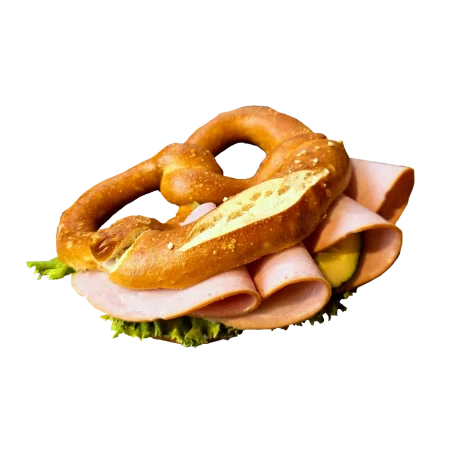 Laugenbrezel mit gekochtem Schinken, Blattsalat und Gurke.