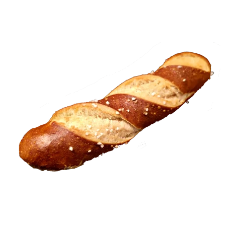 Frische Laugenstange mit glänzend brauner Kruste und grobem Salz.