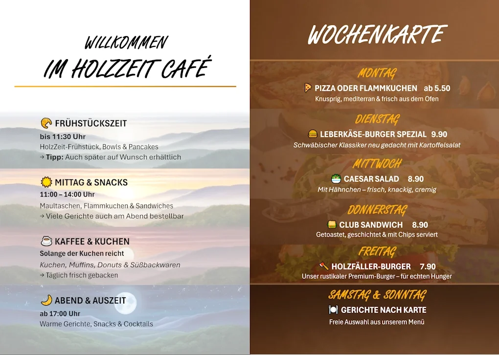 Wochenkarte Speisekarte mit Angeboten und Preisen für das HolzZeit Café