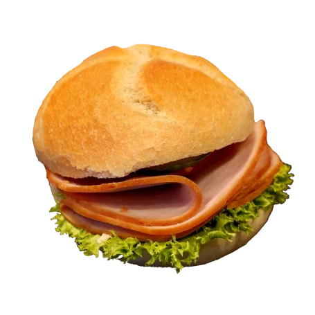 Weiches Brötchen mit Putenbrust, Tomate, Salat und Gurke.