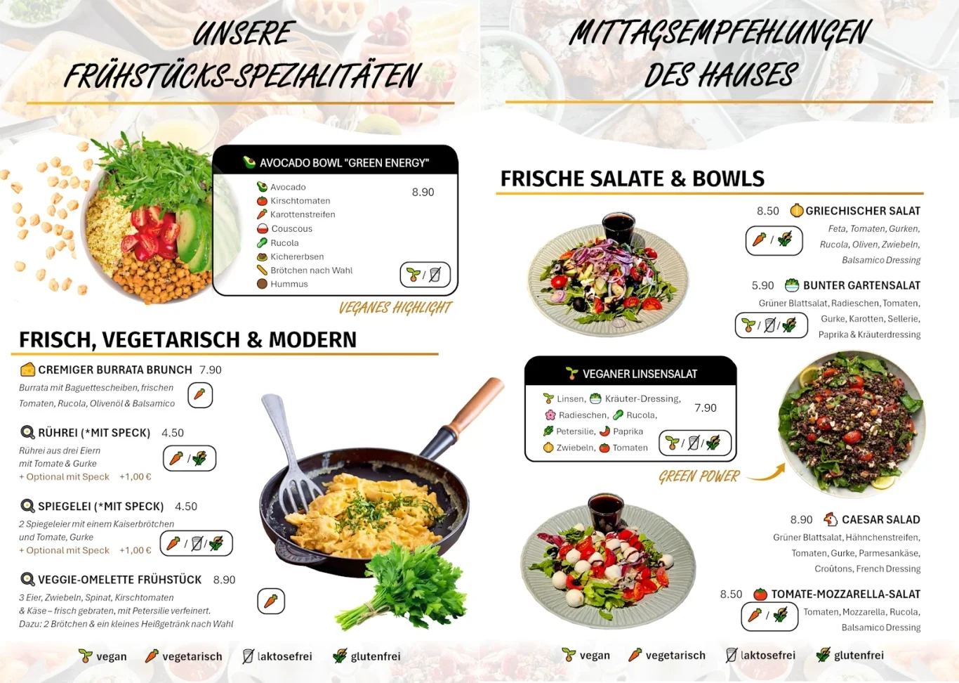Frühstücke & Mittagessen Unsere Speisekarte an Frühstücken und Mittagessen