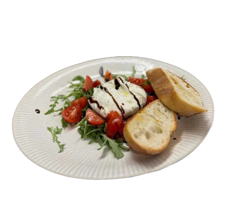 Burrata mit Baguette, Tomaten, Rucola und Balsamico.