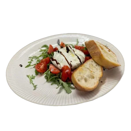 Ein Teller mit Mozzarella, Tomaten, Rucola und zwei Brotscheiben.