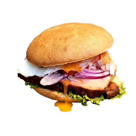 Burger mit Leberkäse, Spiegelei, Salat und Krautsalat.