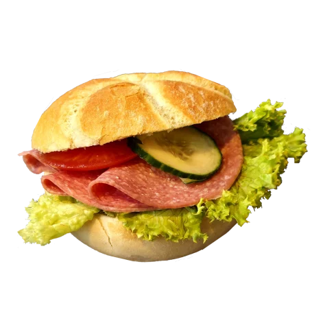 Brötchen mit Salami und Salat.