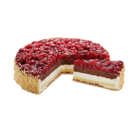 Torte mit Himbeeren, Käsesahne und Schokoboden.