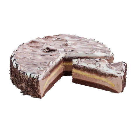 Torte mit Vanille- und Schokosahne und Schokospänen.