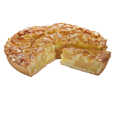 Apfeltorte mit Mandelblättchen und Geleeschicht.