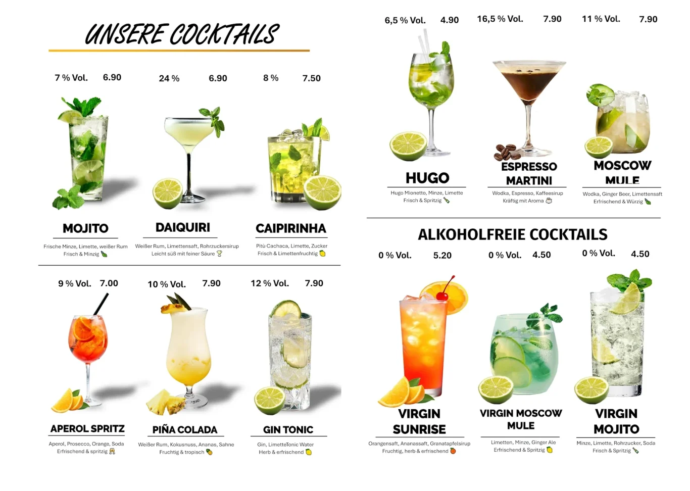 Unsere Cocktailkarte Eine Übersicht von Cocktail- und alkoholfreien Getränken