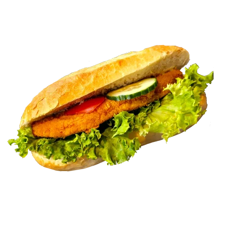 Brötchen mit Hähnchenschnitzel, Salat und Soße.