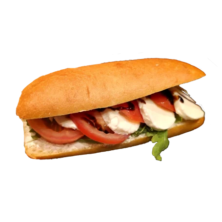Brötchen mit Tomate, Mozzarella und frischem Basilikum.