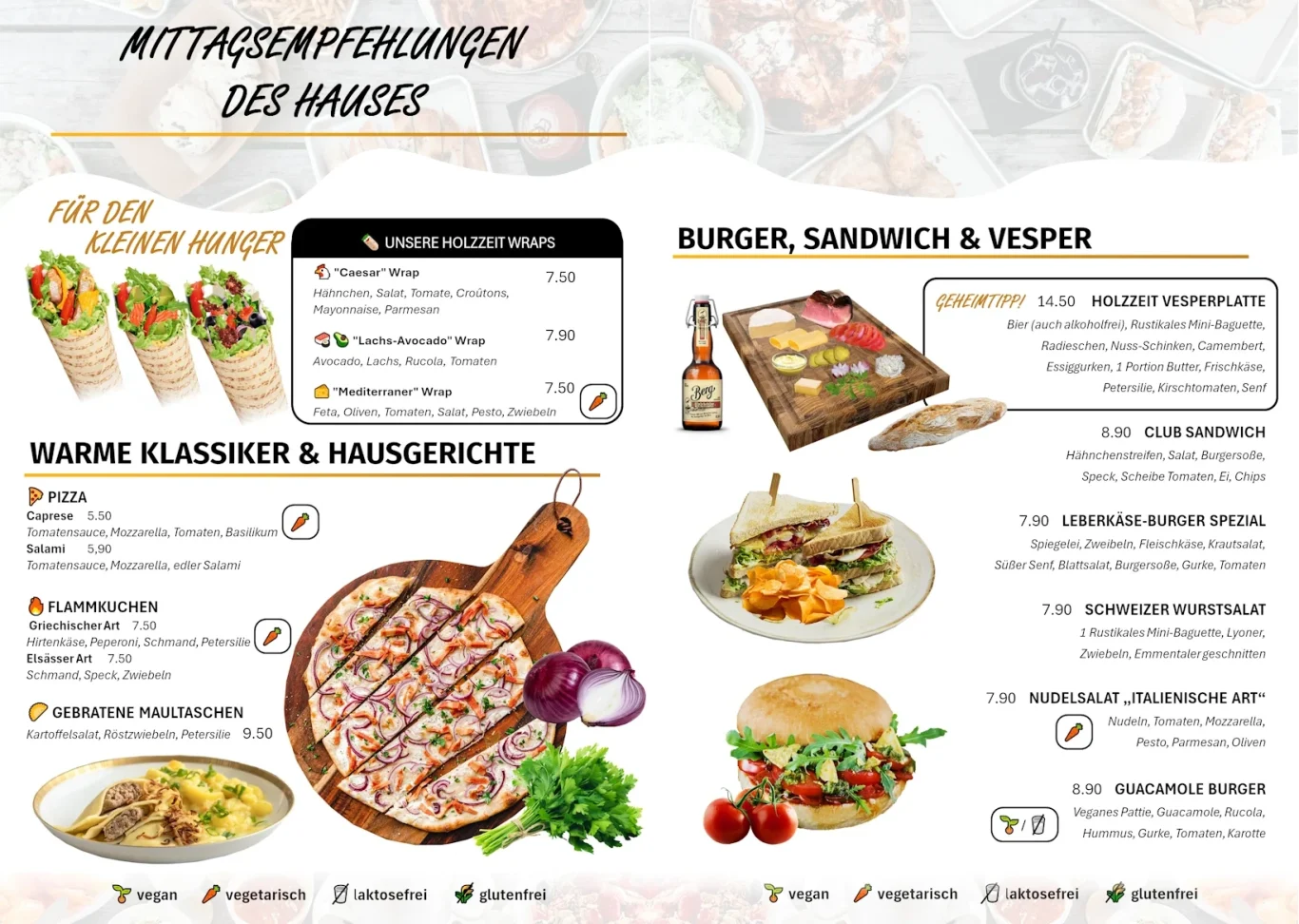 Unsere Mittagsempfehlungen Speisekarte mit verschiedenen Gerichten, darunter Burger, Sandwiches und Salate.