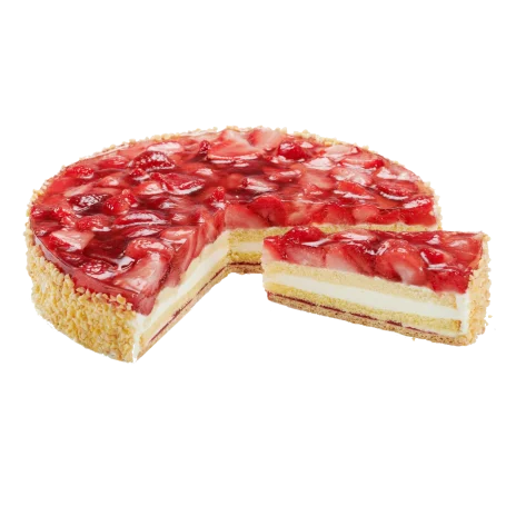 Erdbeerkuchen mit Sahne, Gelee und hellem Boden.