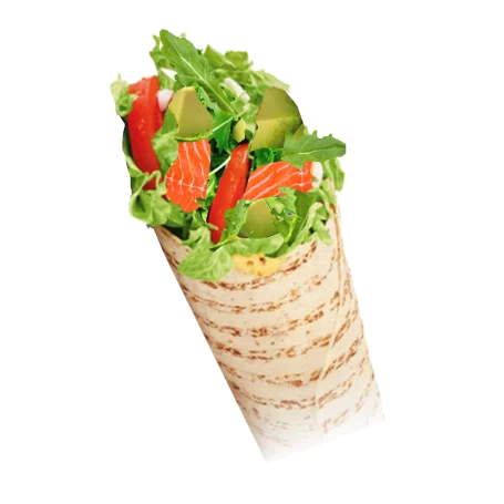 Wrap mit Lachs, Avocado, Rucola und Tomaten.