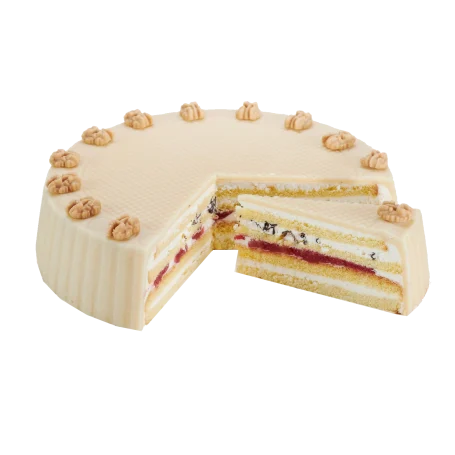 Torte mit Marzipan-Überzug und Himbeerfüllung.