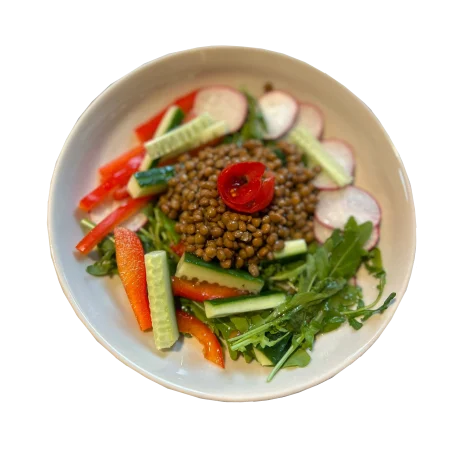Linsensalat mit Gemüse und Kräutern.