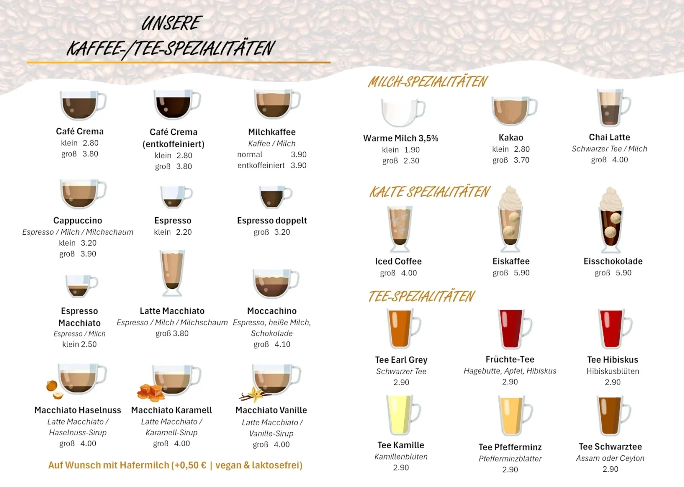 Unsere Kaffee- und Teespezialitäten Kaffeekarte mit verschiedenen Kaffee- und Teespezialitäten