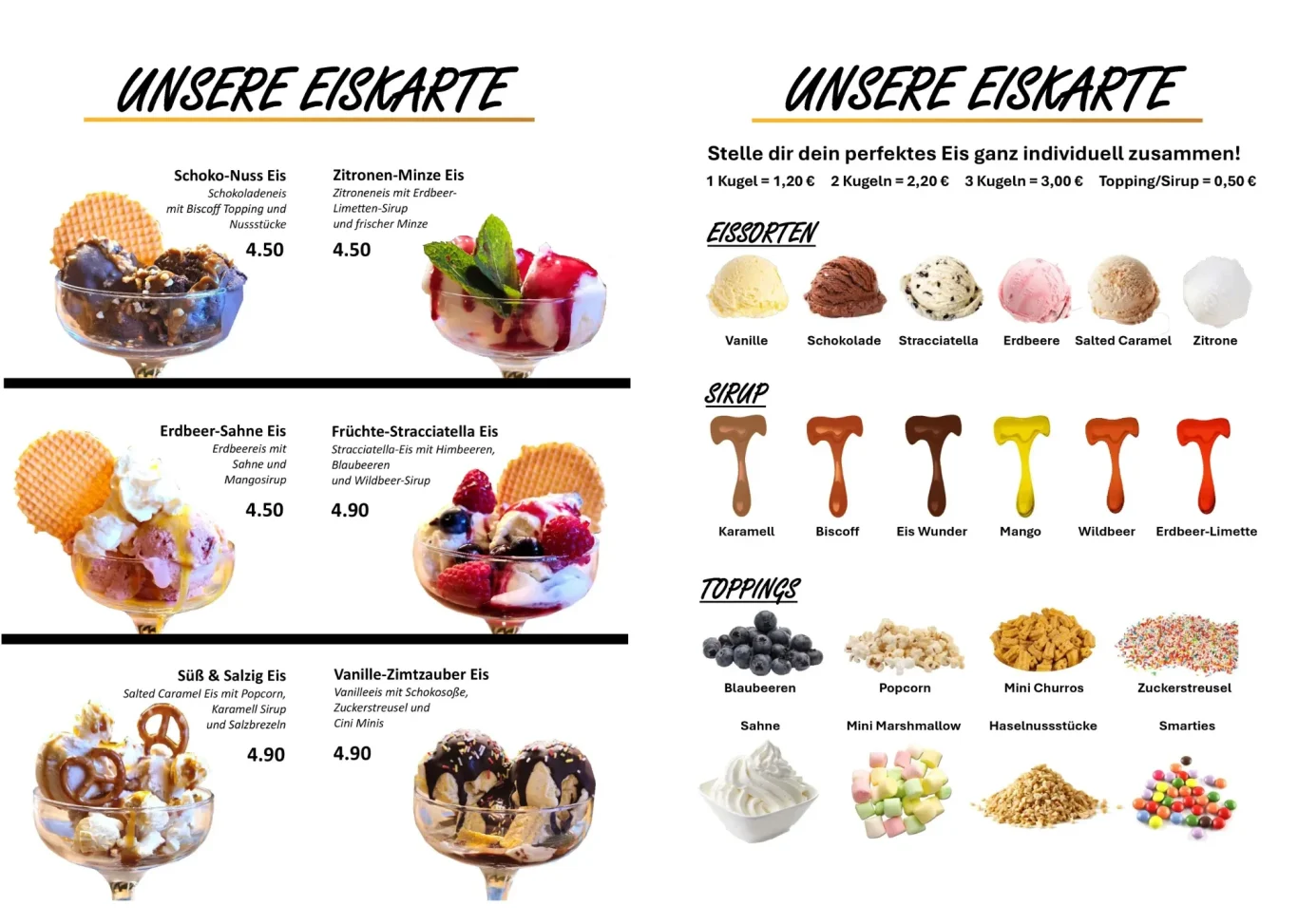 Unsere Eiskarte Eiscreme- und Dessertkarte mit verschiedenen Sorten und Toppings.