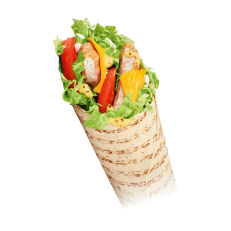 Caesar Wrap mit Hähnchen, Salat, Tomaten, Croûtons und Parmesan.